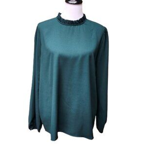 Worthington Green Blouse NWT High Neck Ruffle Trim Workwear Classic Modest